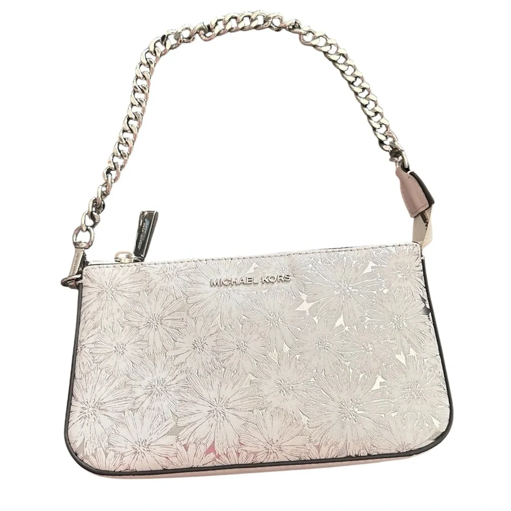 White & Silver Michael Kors Chain Pouchette in Metallic Floral Embossed Leather